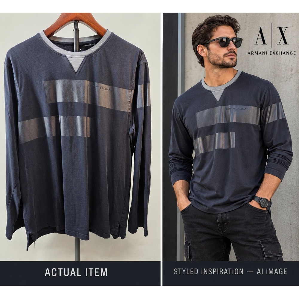 Armani Exchange Mens Long Sleeve Shirt Large Dark Navy Crew V-Notch Graphic